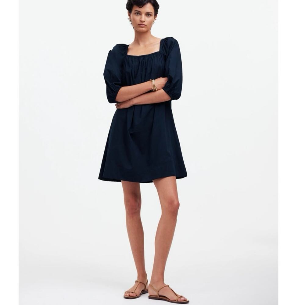 Madewell Square Neck Puff Sleeve Mini Dress Navy SZ 12 Babydoll Breezy Summer
